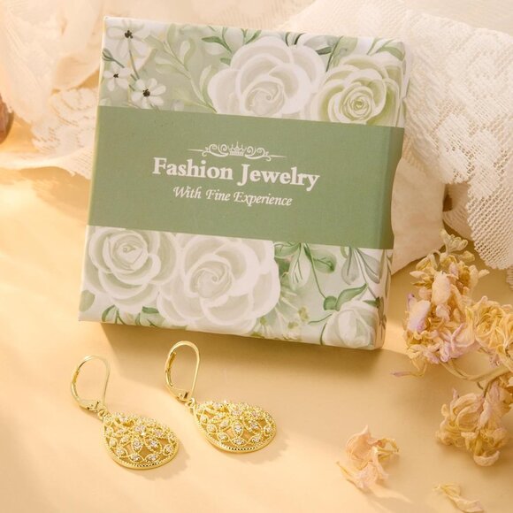 Women's 925 Sterling Golden Teardrop Dangle Earrings Cubic Zirconia Leverback - Picture 8 of 8